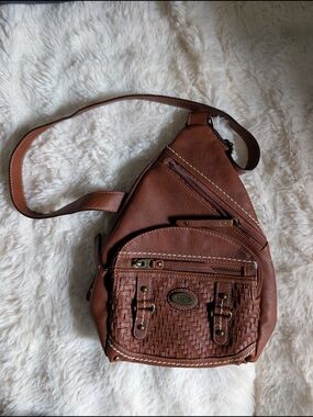boc Brown Woven Leather Crossbody Sling Bag